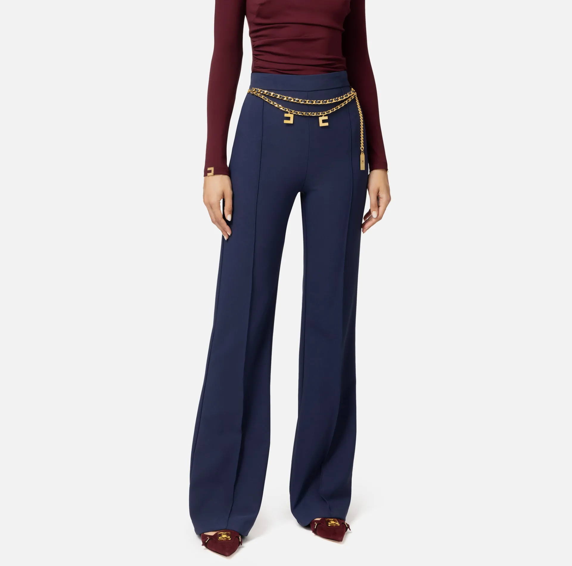 Elisabetta Franchi Trousers And Shorts|Palazzo trousers in stretch crêpe fabric with belt Navy