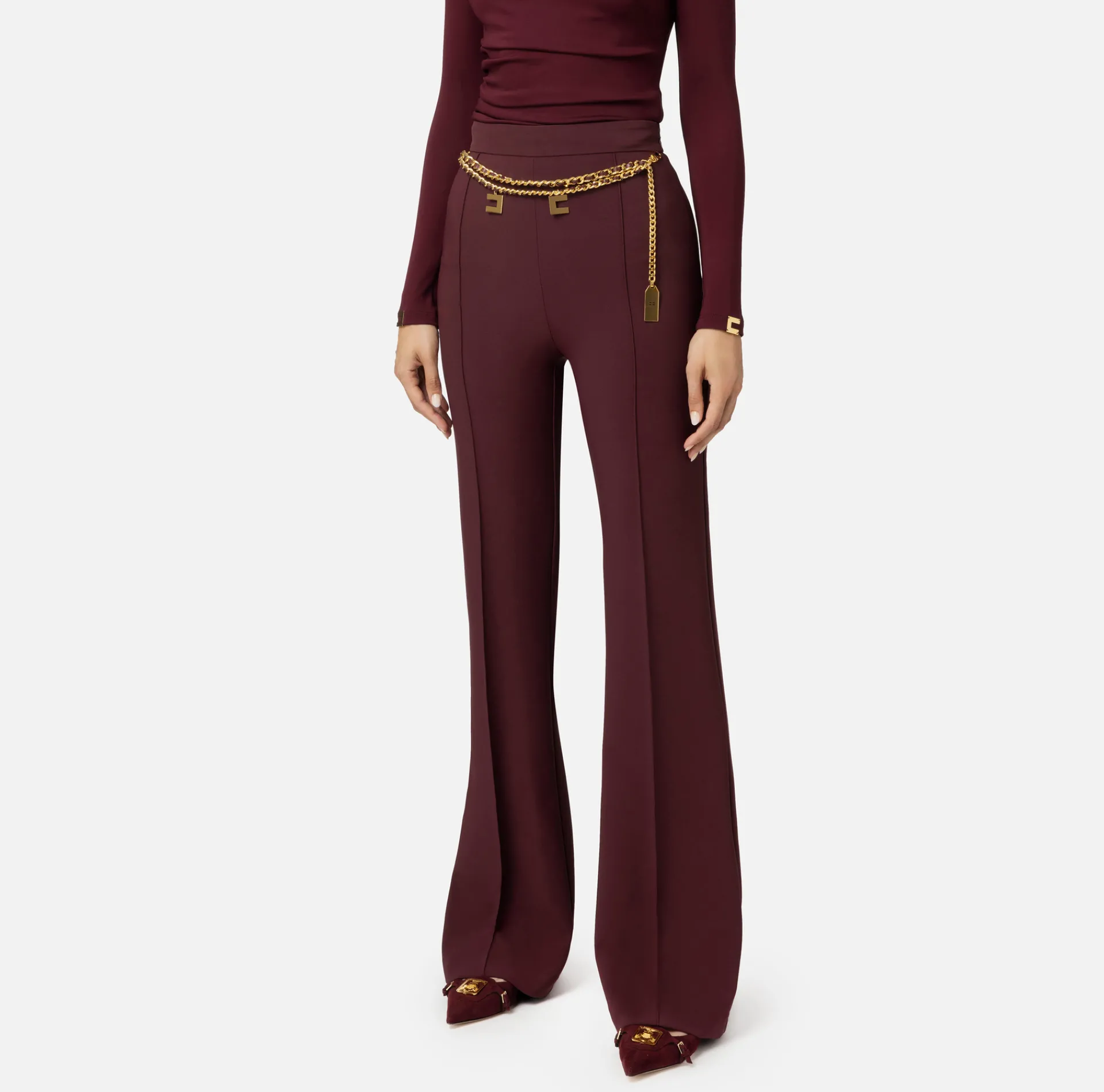Elisabetta Franchi Trousers And Shorts|Palazzo trousers in stretch crêpe fabric with belt RougeNoir