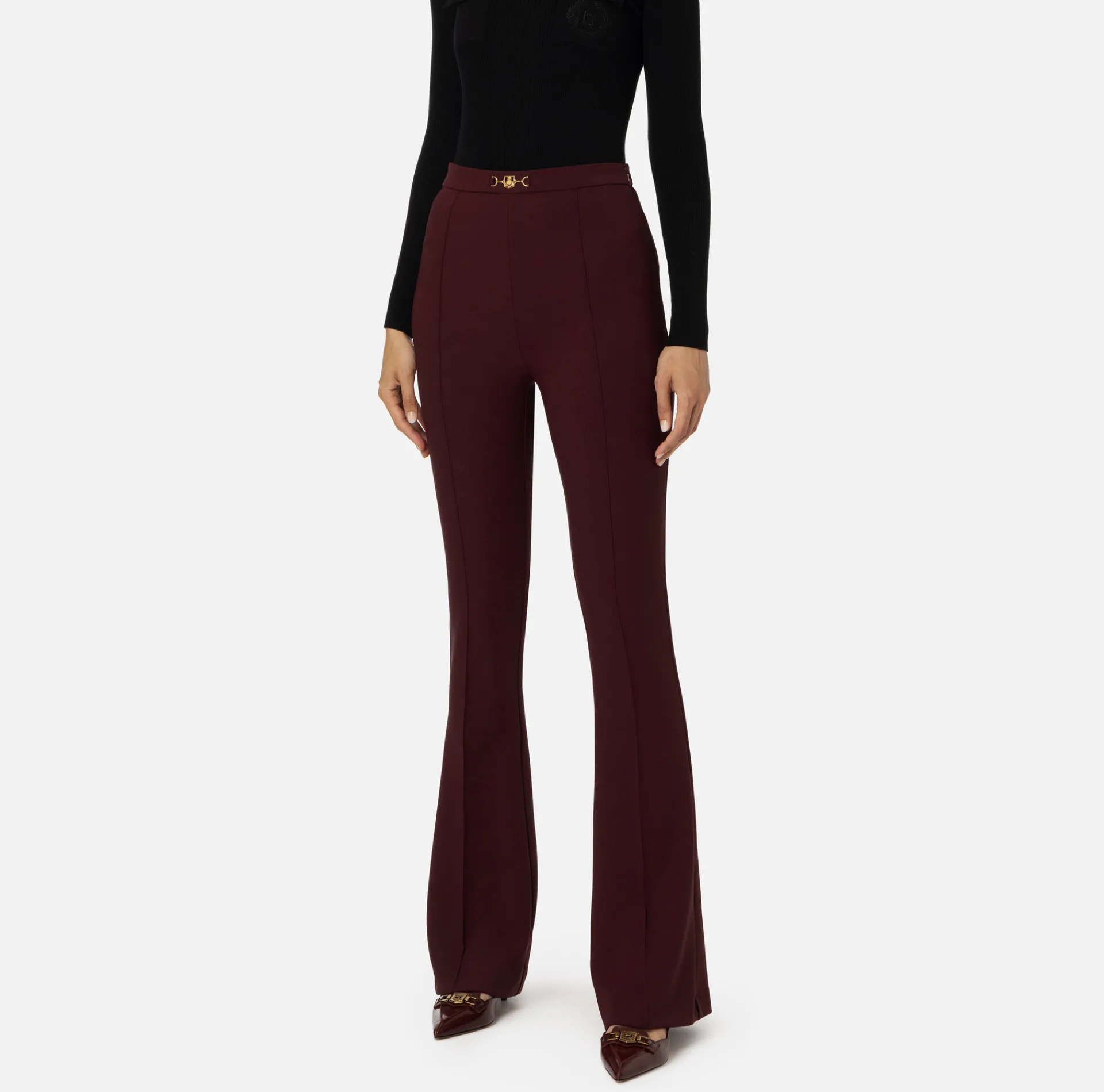 Elisabetta Franchi Trousers And Shorts|Palazzo trousers in stretch crêpe fabric with horsebit RougeNoir
