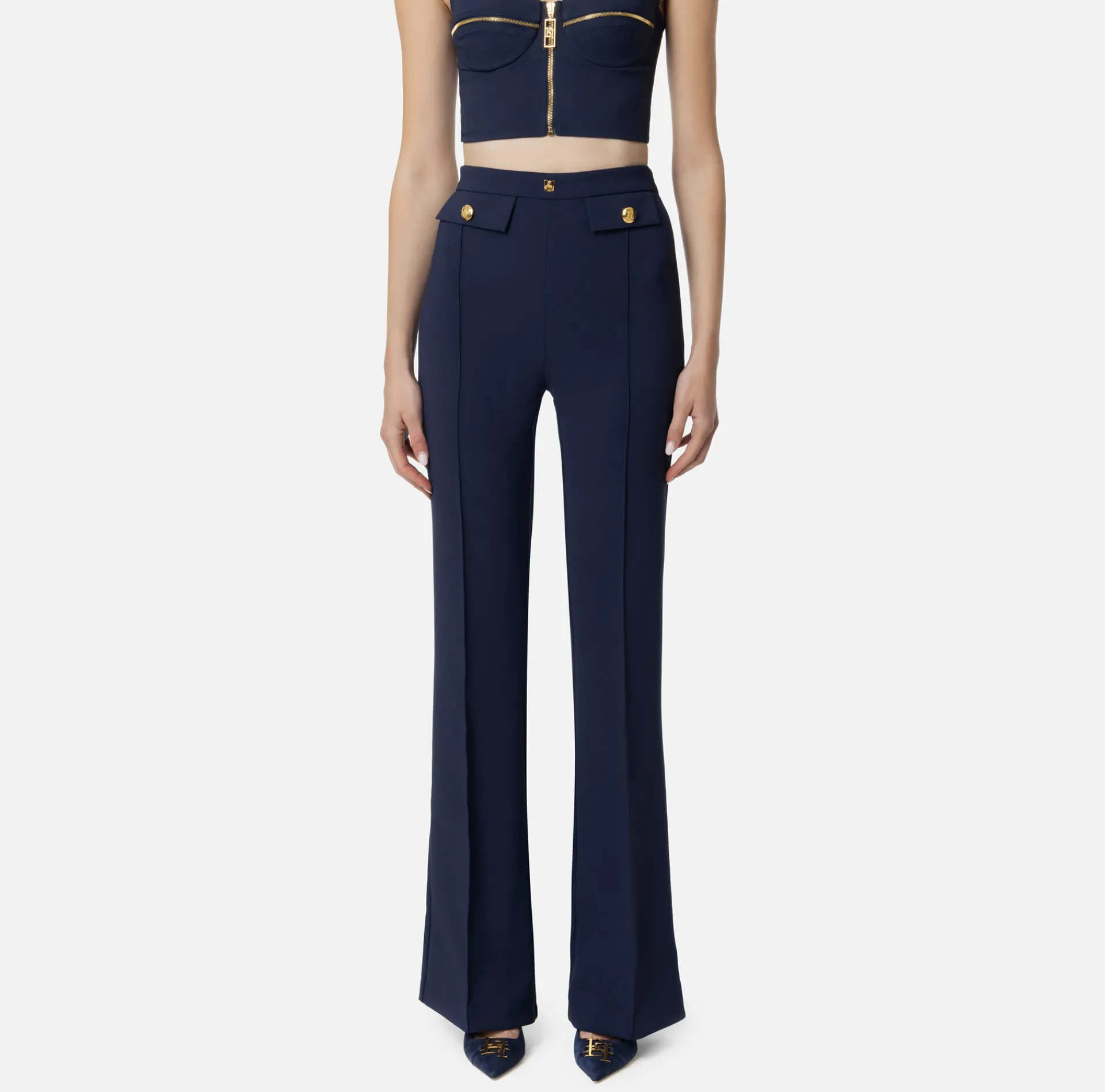Elisabetta Franchi Trousers And Shorts|Tailleur|Palazzo trousers in stretch crêpe fabric with logo rivet Navy