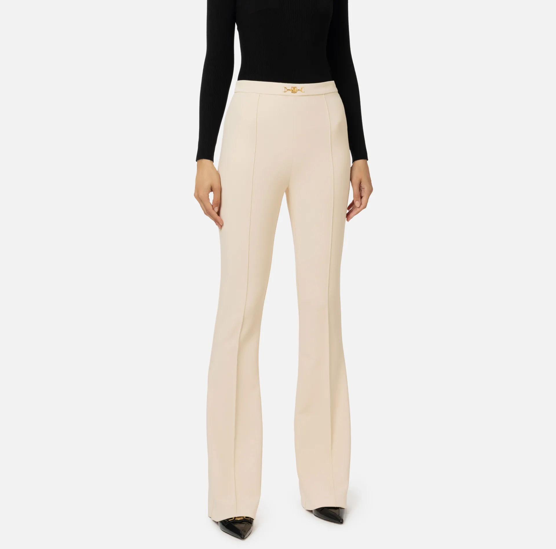 Elisabetta Franchi Trousers And Shorts|Palazzo trousers in stretch crêpe fabric with horsebit Cream