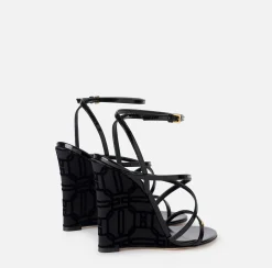 Elisabetta Franchi Sandals|Patent leather sandals with satin wedge Black