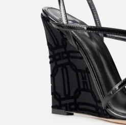 Elisabetta Franchi Sandals|Patent leather sandals with satin wedge Black