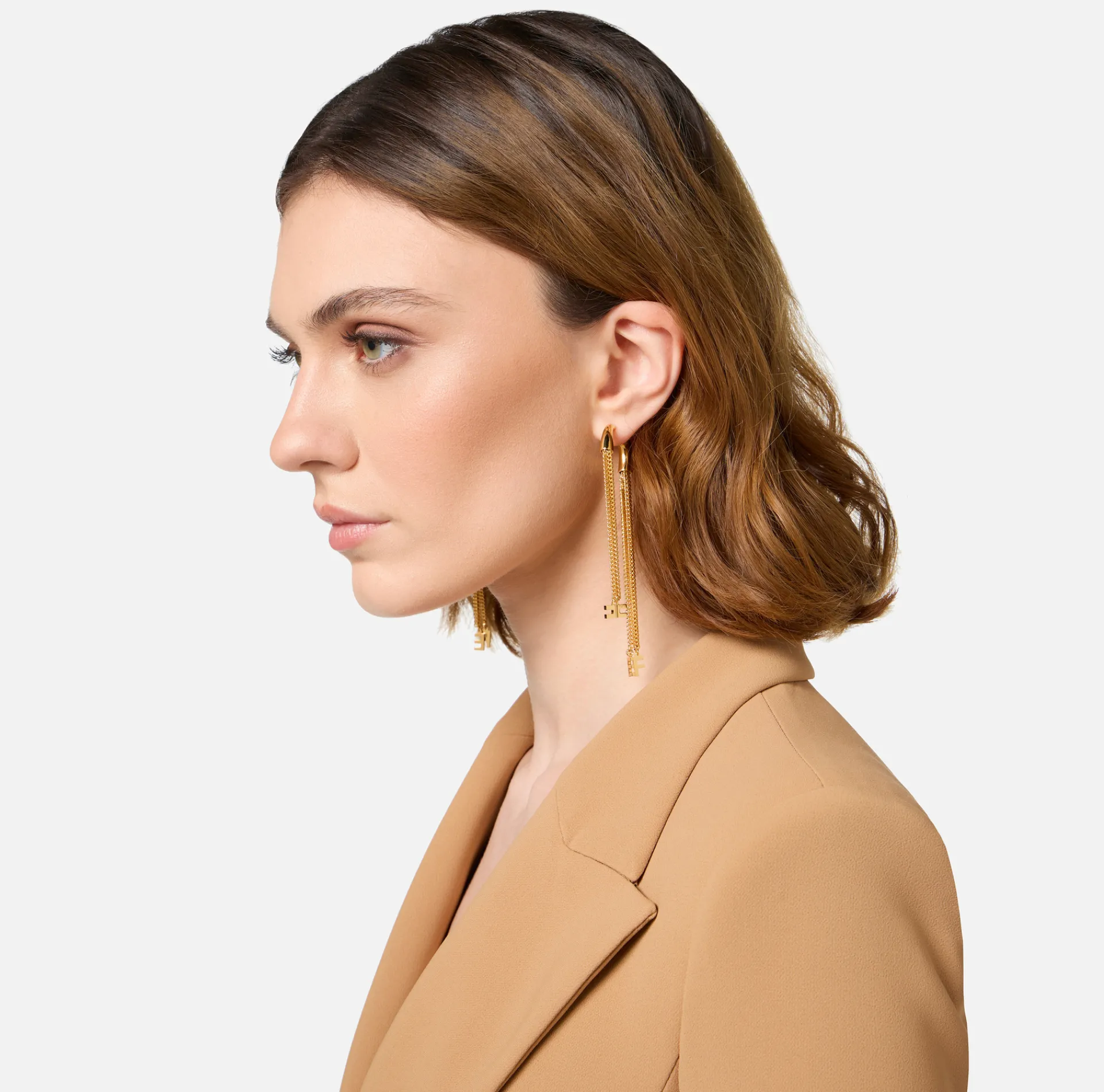 Elisabetta Franchi Jewelry|Pendant metal earrings with logo charms YellowGold