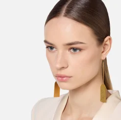 Elisabetta Franchi Jewelry|Pendant metal earrings with rectangular logo plaque YellowGold