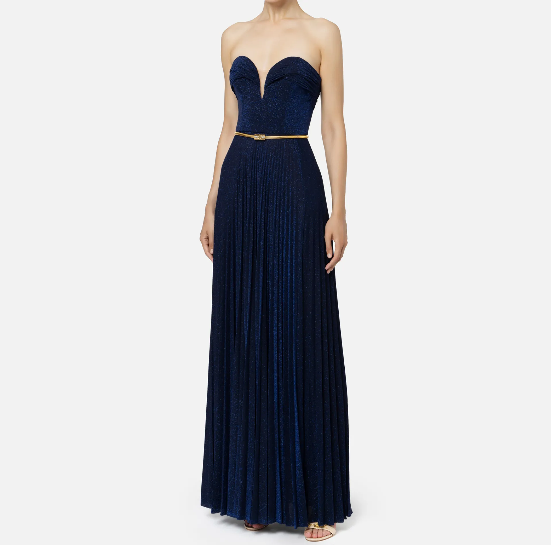 Elisabetta Franchi Red Carpet Dresses|Red Carpet|Pleated red carpet dress in lurex jersey with belt Navy