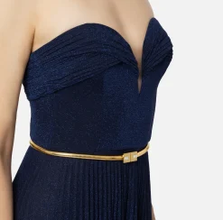 Elisabetta Franchi Red Carpet Dresses|Red Carpet|Pleated red carpet dress in lurex jersey with belt Navy