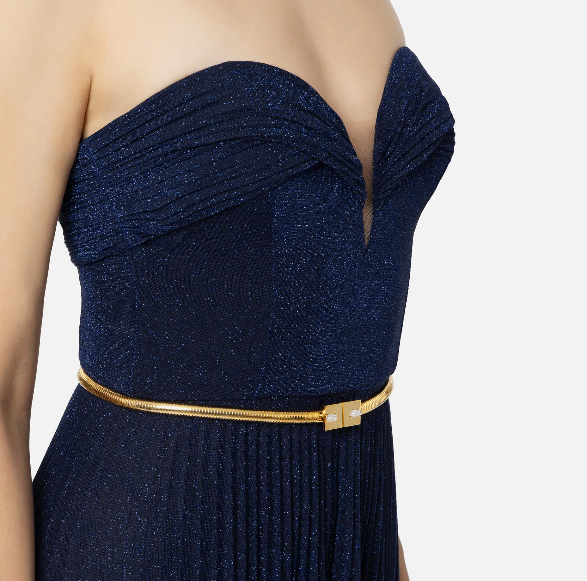 Elisabetta Franchi Red Carpet Dresses|Red Carpet|Pleated red carpet dress in lurex jersey with belt Navy
