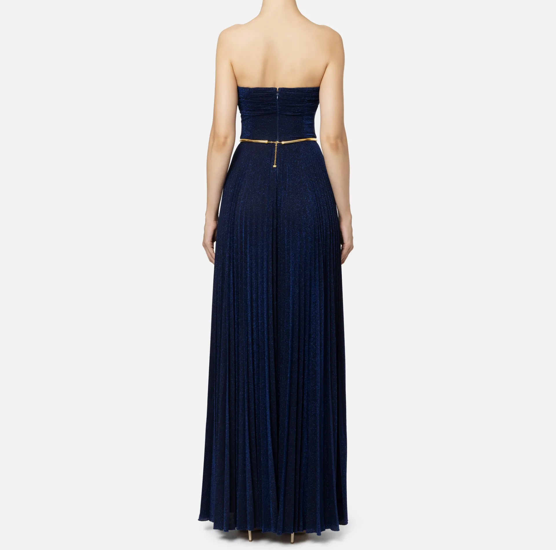 Elisabetta Franchi Red Carpet Dresses|Red Carpet|Pleated red carpet dress in lurex jersey with belt Navy