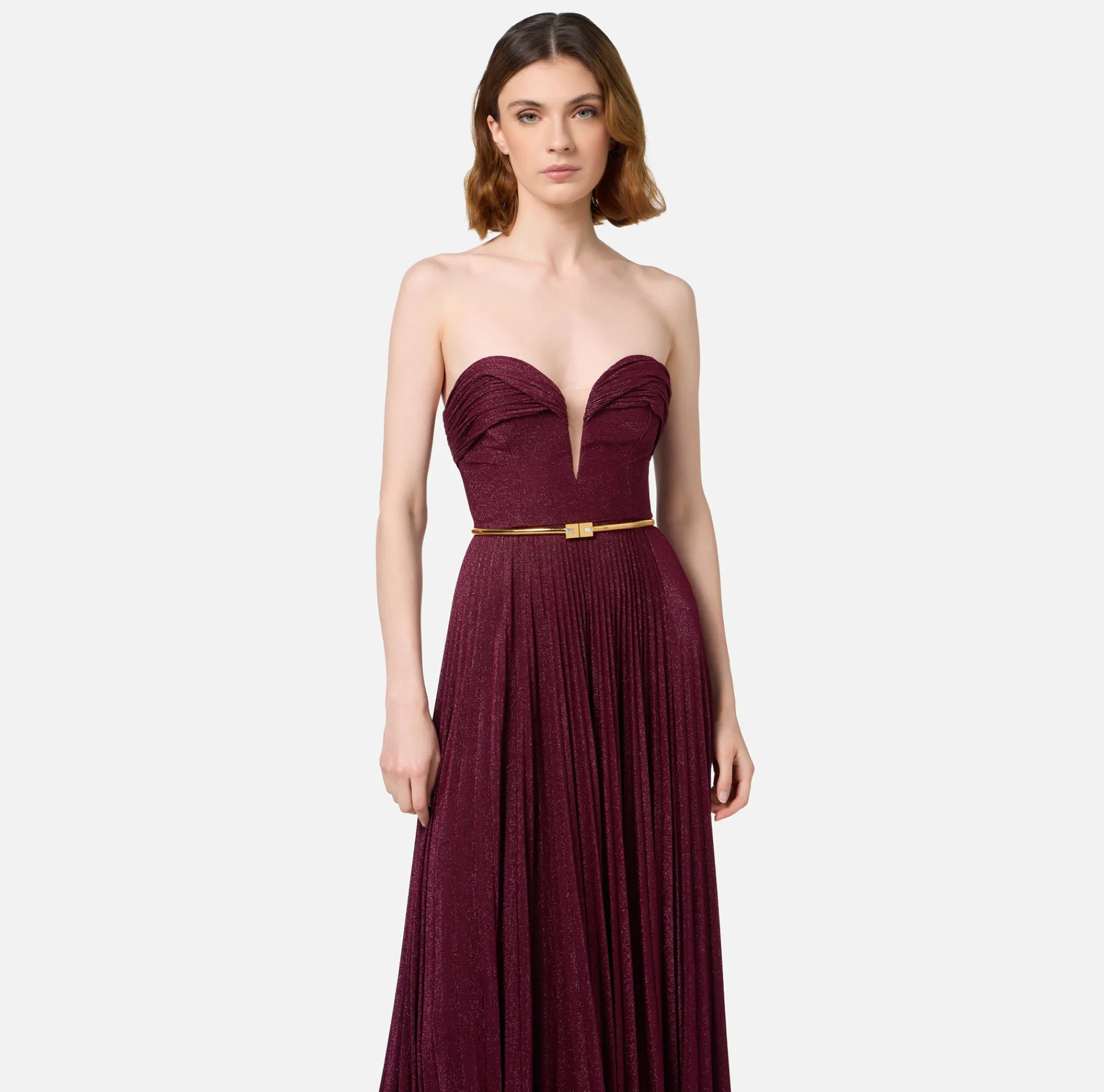Elisabetta Franchi Red Carpet Dresses|Red Carpet|Pleated red carpet dress in lurex jersey with belt RougeNoir
