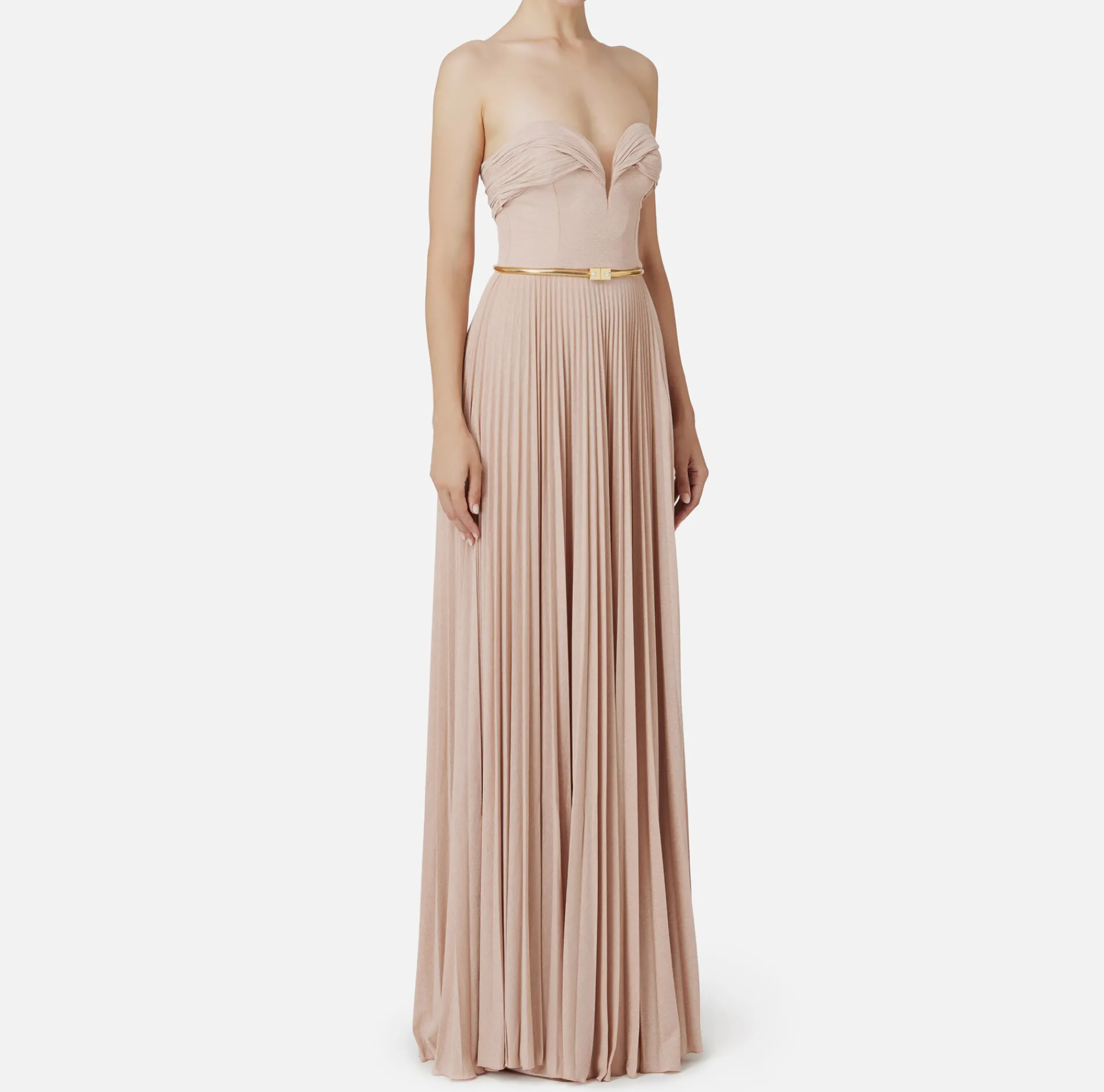 Elisabetta Franchi Red Carpet Dresses|Red Carpet|Pleated red carpet dress in lurex jersey with belt Nude