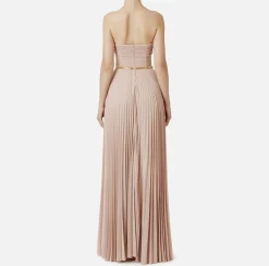 Elisabetta Franchi Red Carpet Dresses|Red Carpet|Pleated red carpet dress in lurex jersey with belt Nude