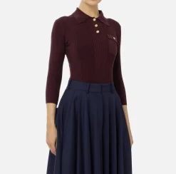 Elisabetta Franchi Knitwear And Sweatshirts|Polo shirt in narrow-ribbed lyocell and silk fabric with logo embroidery RougeNoir
