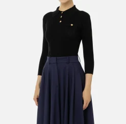 Elisabetta Franchi Knitwear And Sweatshirts|Polo shirt in narrow-ribbed lyocell and silk fabric with logo embroidery Black