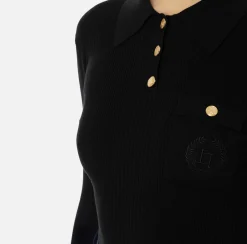 Elisabetta Franchi Knitwear And Sweatshirts|Polo shirt in narrow-ribbed lyocell and silk fabric with logo embroidery Black