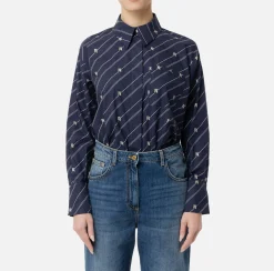 Elisabetta Franchi Shirts And Blouses|Printed poplin shirt with logo label Navy/Cream