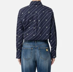 Elisabetta Franchi Shirts And Blouses|Printed poplin shirt with logo label Navy/Cream