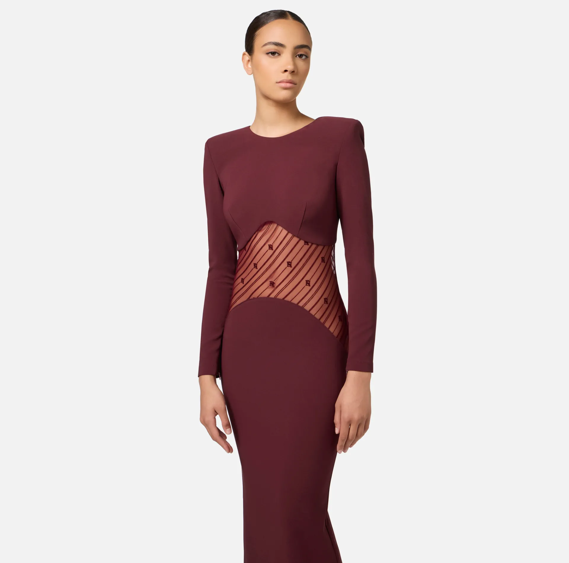 Elisabetta Franchi Red Carpet Dresses|Red Carpet|Red carpet dress in crêpe fabric with flocked tulle insert RougeNoir