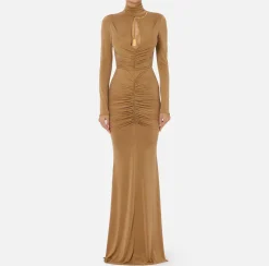 Elisabetta Franchi Red Carpet Dresses|Red Carpet|Red carpet dress in draped jersey with necklace Camel