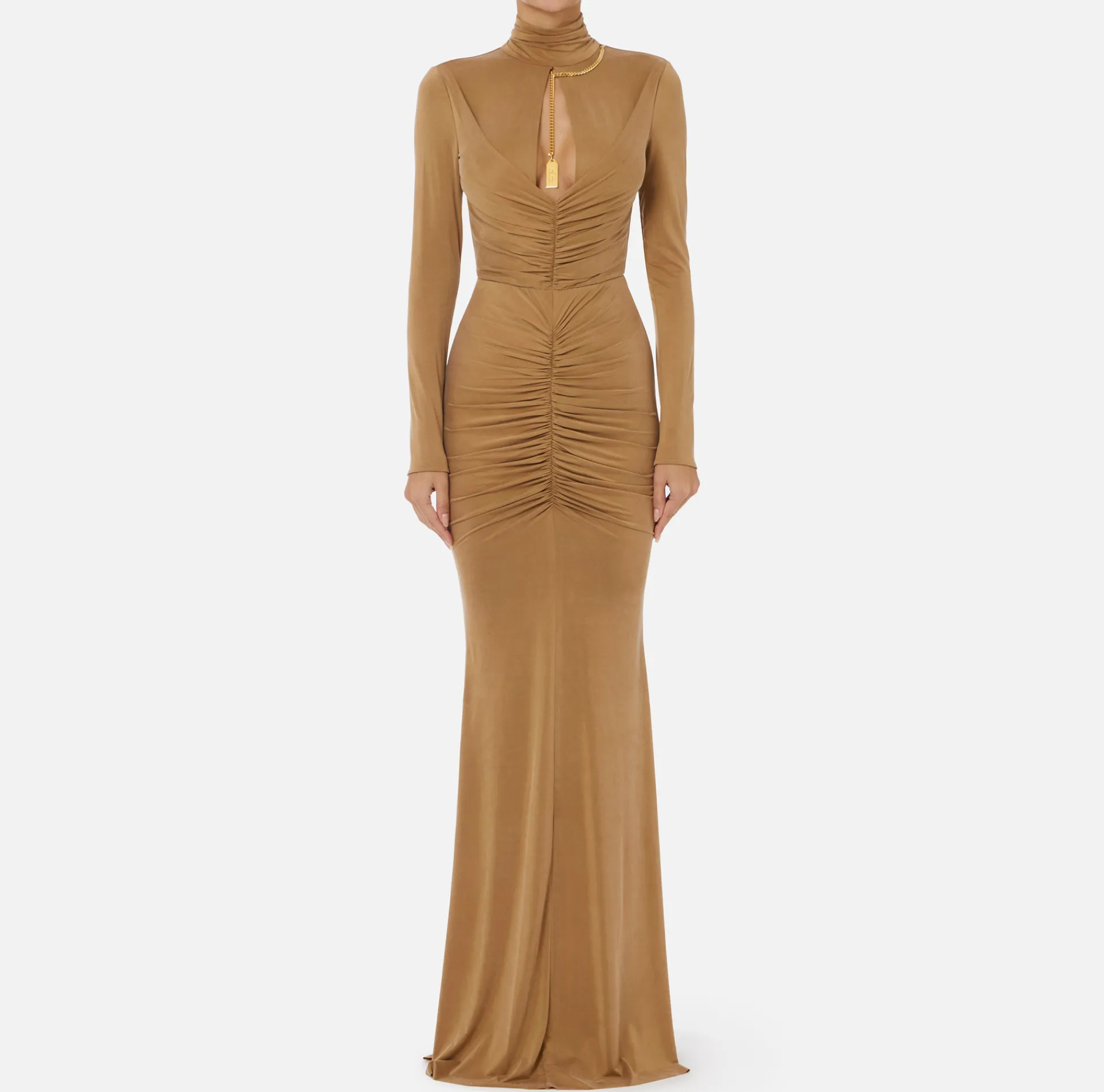 Elisabetta Franchi Red Carpet Dresses|Red Carpet|Red carpet dress in draped jersey with necklace Camel