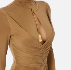 Elisabetta Franchi Red Carpet Dresses|Red Carpet|Red carpet dress in draped jersey with necklace Camel