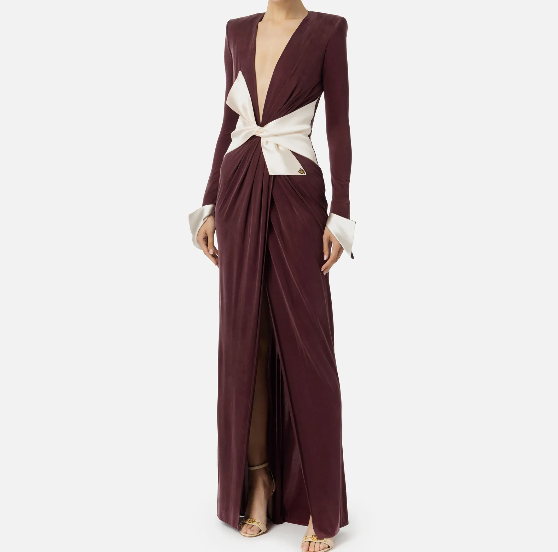 Elisabetta Franchi Red Carpet Dresses|Red Carpet|Red carpet dress in draped jersey with sash belt RougeNoir/Butter