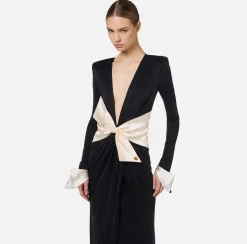 Elisabetta Franchi Red Carpet Dresses|Red Carpet|Red carpet dress in draped jersey with sash belt Black/Butter