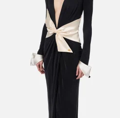 Elisabetta Franchi Red Carpet Dresses|Red Carpet|Red carpet dress in draped jersey with sash belt Black/Butter