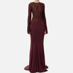 Elisabetta Franchi Red Carpet Dresses|Red Carpet|Red carpet dress in embroidered flock tulle fabric RougeNoir