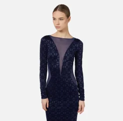 Elisabetta Franchi Red Carpet Dresses|Red Carpet|Red carpet dress in flock Lycra and tulle fabric Navy