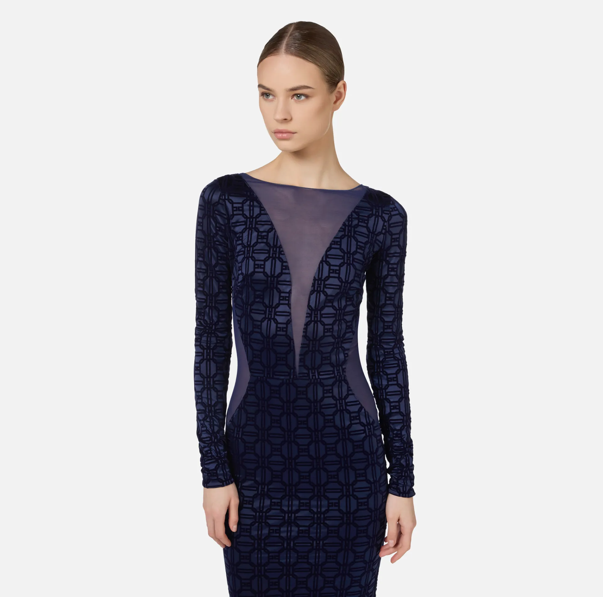 Elisabetta Franchi Red Carpet Dresses|Red Carpet|Red carpet dress in flock Lycra and tulle fabric Navy