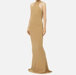 Elisabetta Franchi Red Carpet Dresses|Red Carpet|Red carpet dress in jersey with necklace on the back Camel
