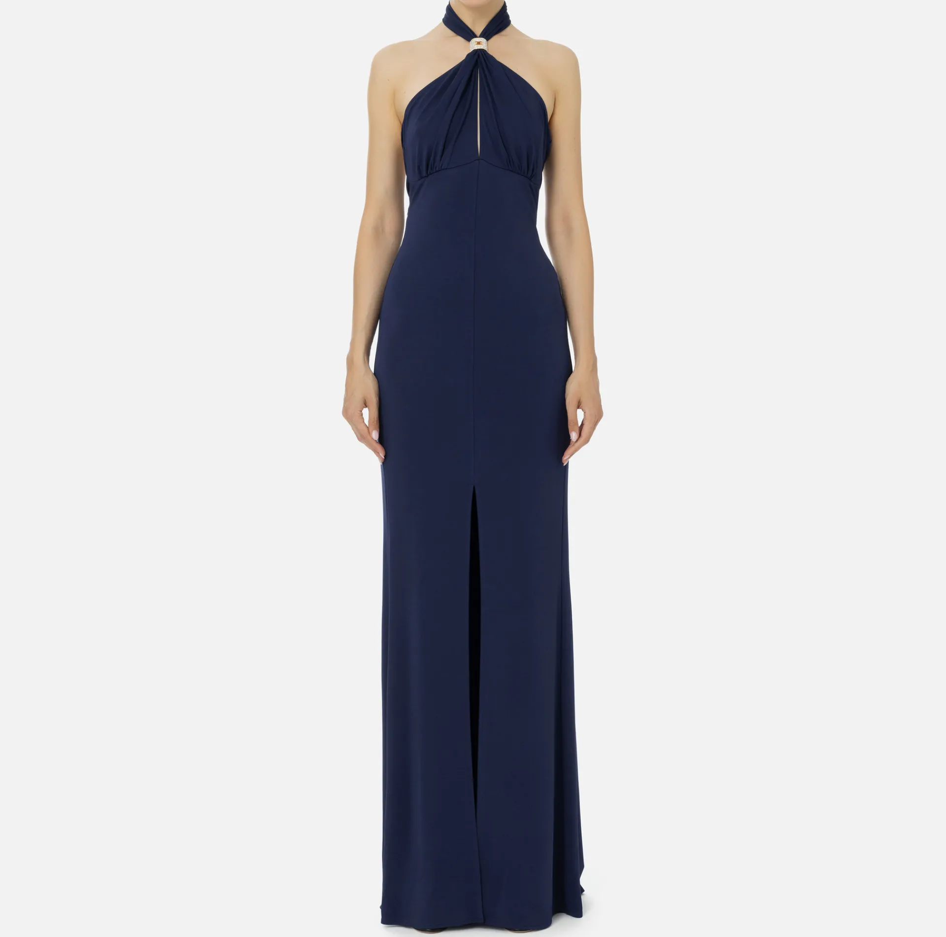 Elisabetta Franchi Dresses|Red Carpet Dresses|Red carpet dress in jersey with draping and logo plaque Navy