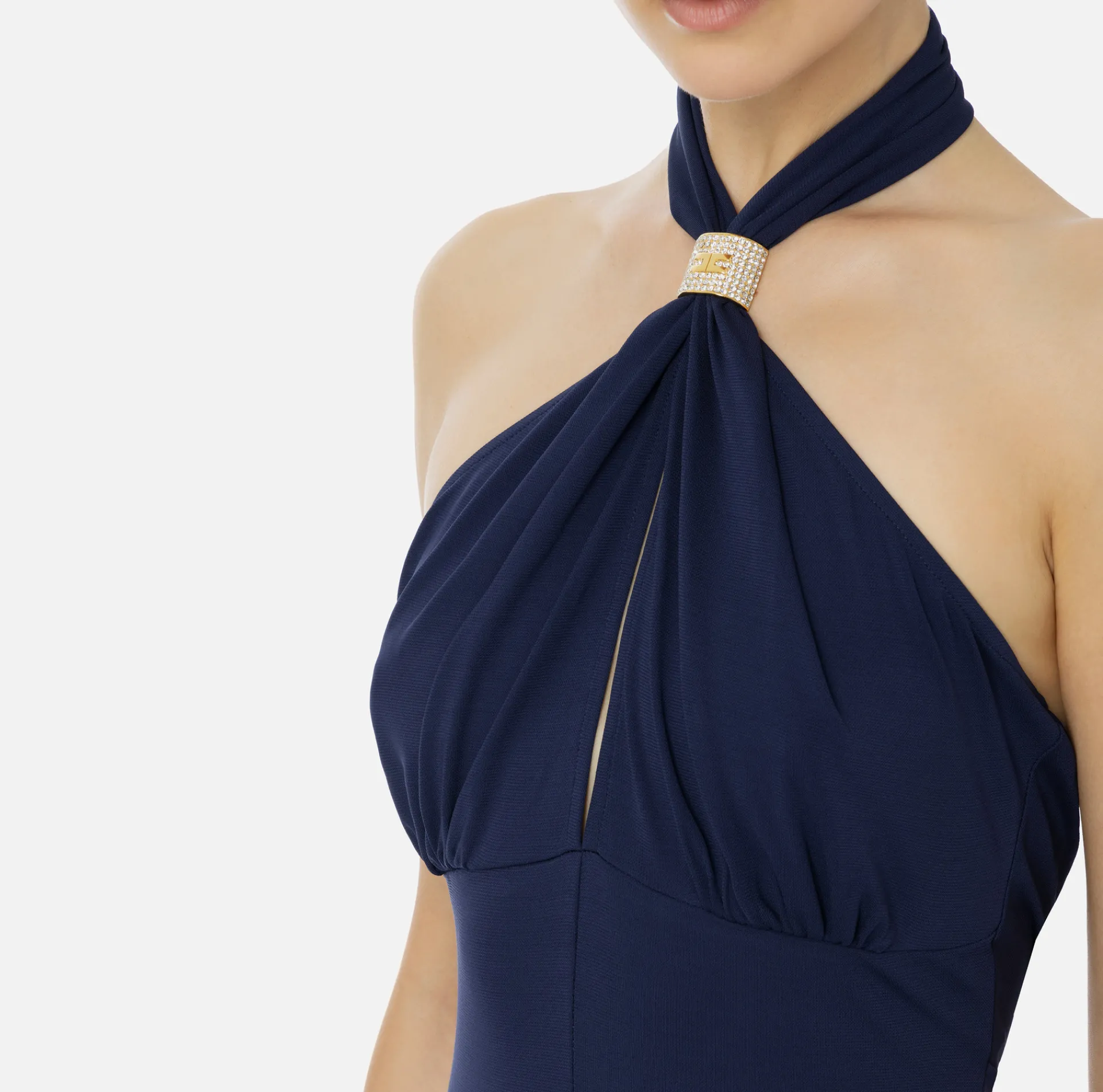Elisabetta Franchi Dresses|Red Carpet Dresses|Red carpet dress in jersey with draping and logo plaque Navy