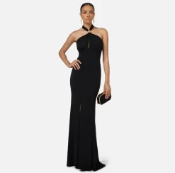 Elisabetta Franchi Dresses|Red Carpet Dresses|Red carpet dress in jersey with draping and logo plaque Black
