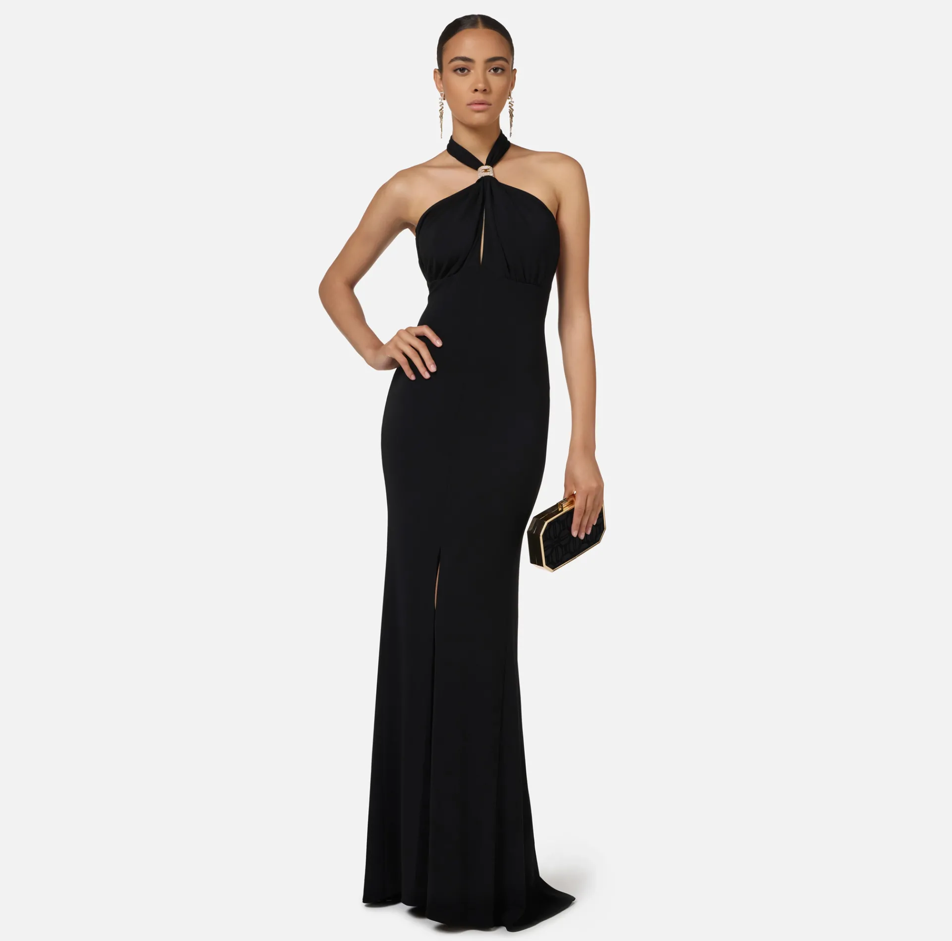 Elisabetta Franchi Dresses|Red Carpet Dresses|Red carpet dress in jersey with draping and logo plaque Black