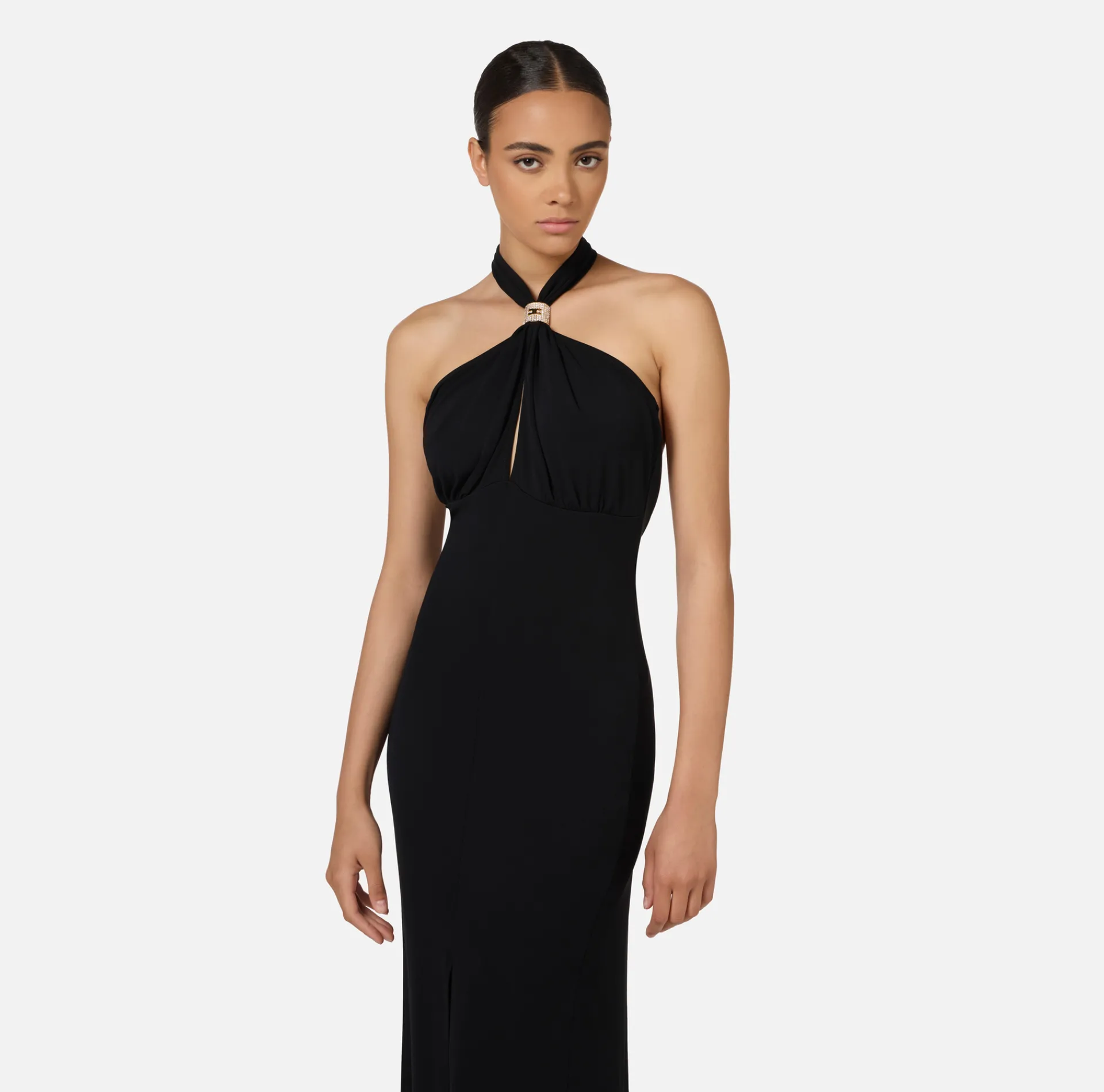 Elisabetta Franchi Dresses|Red Carpet Dresses|Red carpet dress in jersey with draping and logo plaque Black