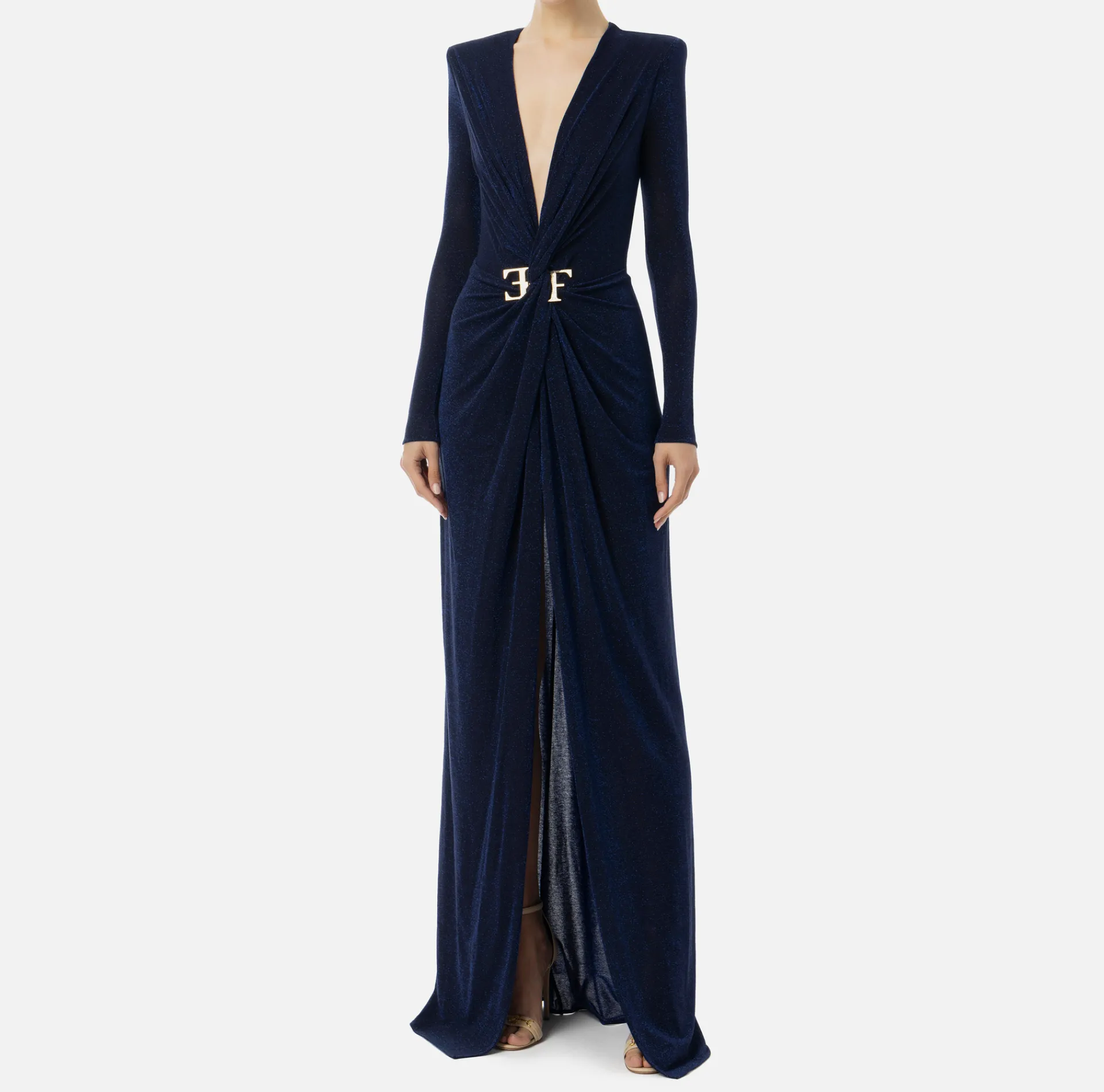 Elisabetta Franchi Dresses|Red Carpet Dresses|Red carpet dress in lurex jersey with knot and logo accessory Navy