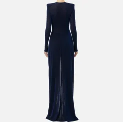Elisabetta Franchi Dresses|Red Carpet Dresses|Red carpet dress in lurex jersey with knot and logo accessory Navy
