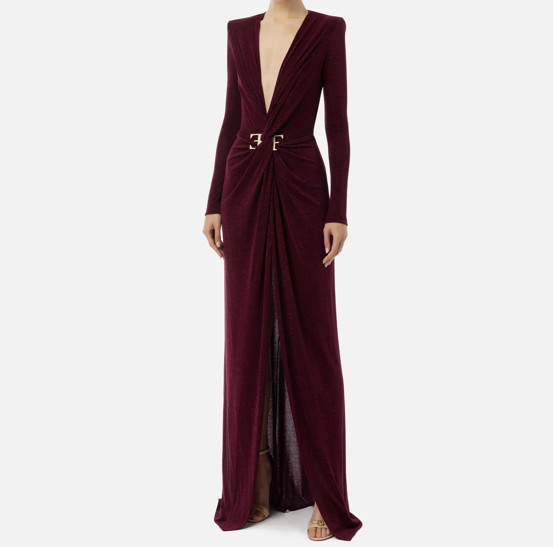 Elisabetta Franchi Dresses|Red Carpet Dresses|Red carpet dress in lurex jersey with knot and logo accessory RougeNoir