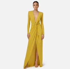 Elisabetta Franchi Dresses|Red Carpet Dresses|Red carpet dress in lurex jersey with knot and logo accessory Mimosa