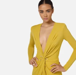 Elisabetta Franchi Dresses|Red Carpet Dresses|Red carpet dress in lurex jersey with knot and logo accessory Mimosa