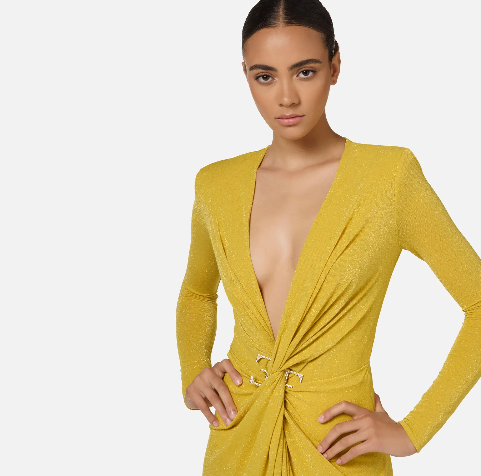 Elisabetta Franchi Dresses|Red Carpet Dresses|Red carpet dress in lurex jersey with knot and logo accessory Mimosa