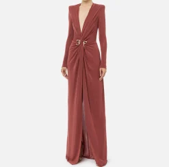 Elisabetta Franchi Dresses|Red Carpet Dresses|Red carpet dress in lurex jersey with knot and logo accessory Eyeshadow
