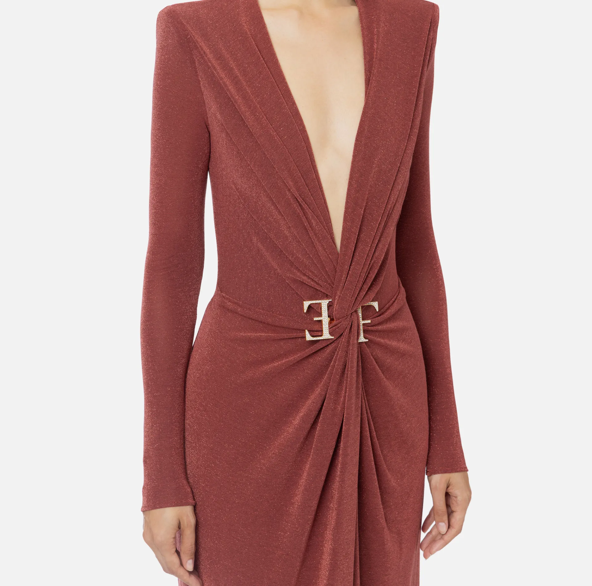 Elisabetta Franchi Dresses|Red Carpet Dresses|Red carpet dress in lurex jersey with knot and logo accessory Eyeshadow