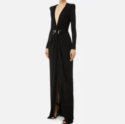 Elisabetta Franchi Dresses|Red Carpet Dresses|Red carpet dress in lurex jersey with knot and logo accessory Black