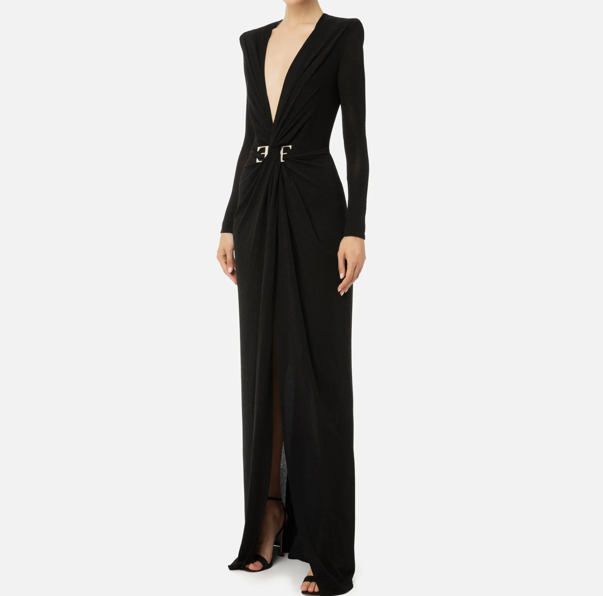Elisabetta Franchi Dresses|Red Carpet Dresses|Red carpet dress in lurex jersey with knot and logo accessory Black