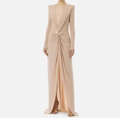 Elisabetta Franchi Dresses|Red Carpet Dresses|Red carpet dress in lurex jersey with knot and logo accessory Nude