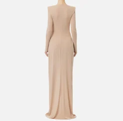 Elisabetta Franchi Dresses|Red Carpet Dresses|Red carpet dress in lurex jersey with knot and logo accessory Nude