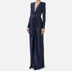Elisabetta Franchi Red Carpet Dresses|Red Carpet|Red carpet dress in Lycra with knot and logo accessory Navy